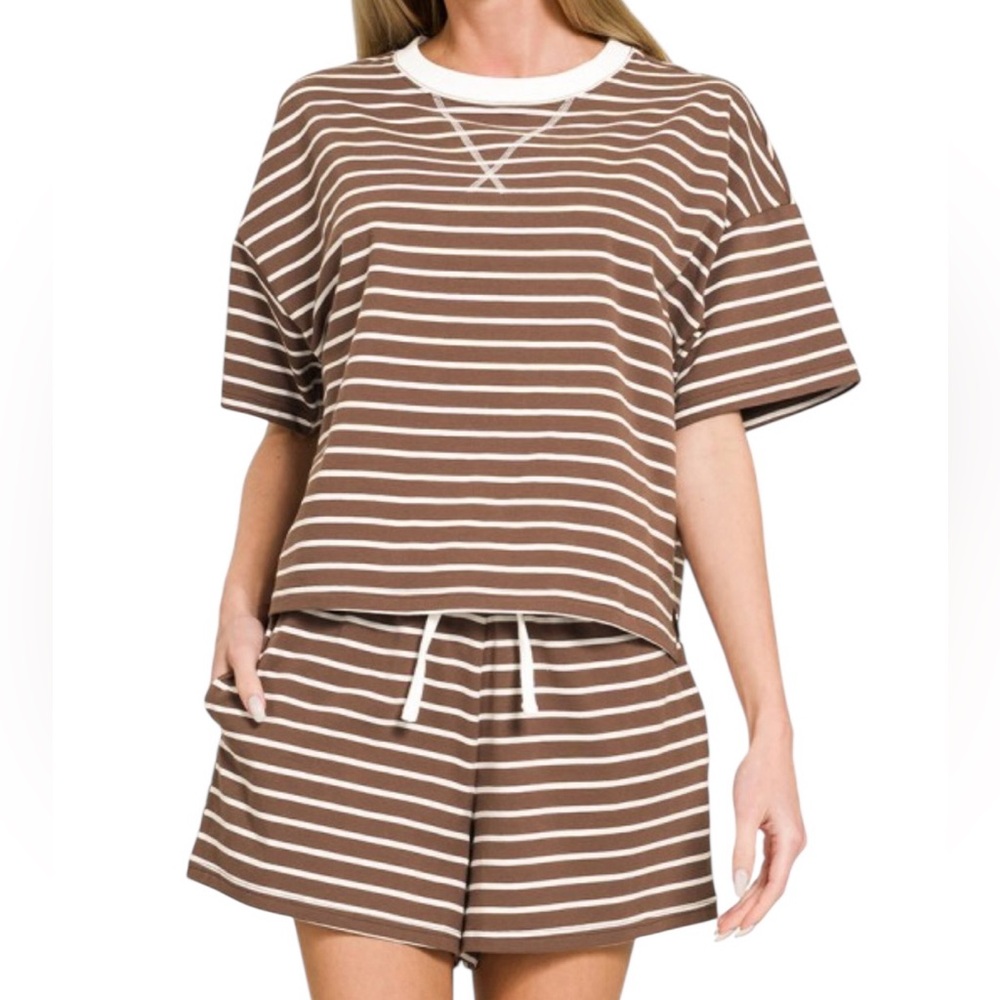Women’s Brown & White Striped Short Sleeve Top - Casual Comfort